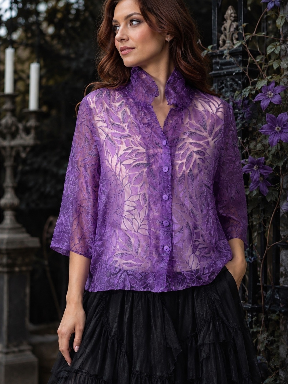 City Blues by Koret Purple Burnout Floral Blouse Sheer Shirt Petite Large PL